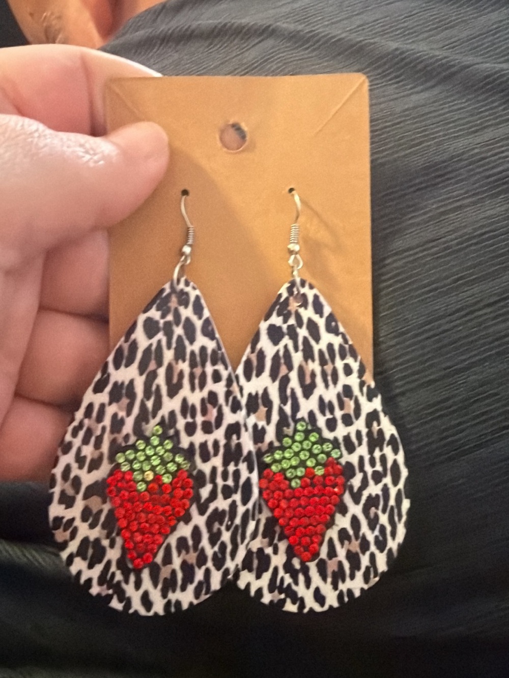 Leopard Print Teardrop Earrings with Red & Green Strawberry Accent